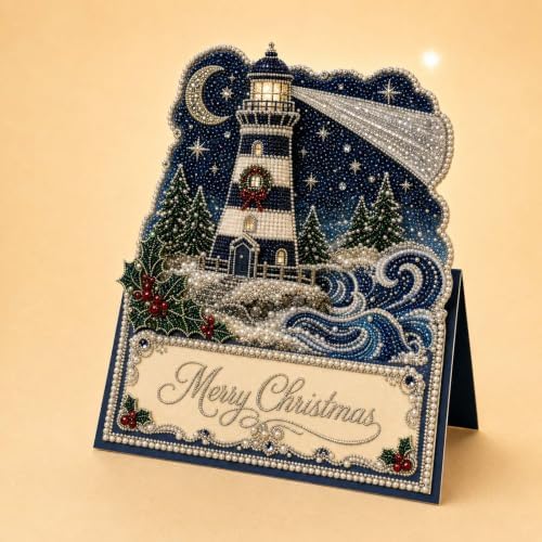 Christmas Diamond Art Greeting Cards Kit for Adults, 6 Pcs DIY Diamond Painting Christmas Cards with Envelopes, 3D Pearl Rhinestone Lighthouse Card Making Craft, Handmade Holiday Gifts - Image 5
