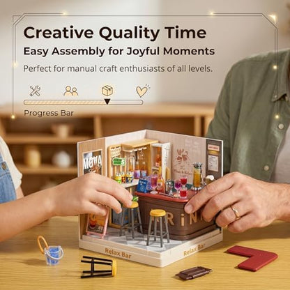 Relax Bar Miniature House Kit, Plastic DIY Dollhouse with Bar Counter & High Chairs, Stackable Transparent Dust Cover, Creative Desktop Decor for Adults Teens - Image 2