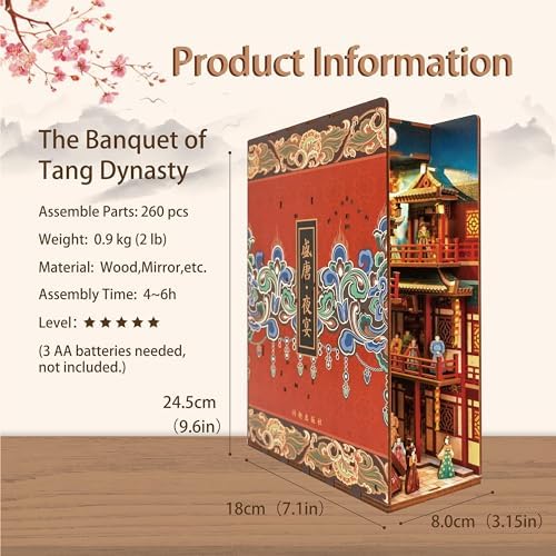 Tonecheer DIY Book Nook Kit for Adults, 3D Wooden Puzzle Bookend Bookshelf Insert Decor, Chinese Booknook Miniature House Kit with Body Motion Sensor LED Light (The Banquet of Tang Dynasty) - Image 3