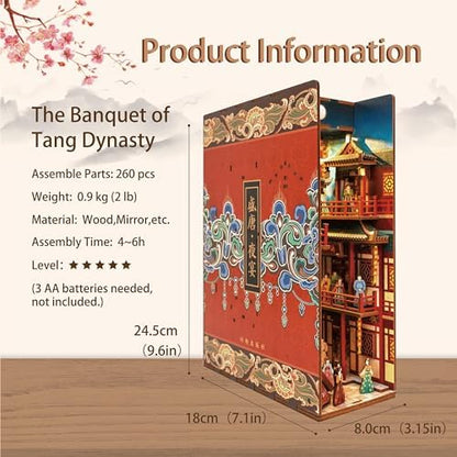 Tonecheer DIY Book Nook Kit for Adults, 3D Wooden Puzzle Bookend Bookshelf Insert Decor, Chinese Booknook Miniature House Kit with Body Motion Sensor LED Light (The Banquet of Tang Dynasty) - Image 3