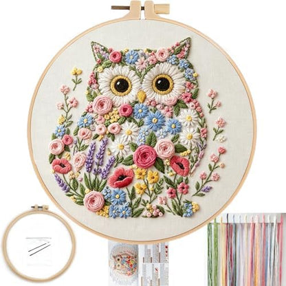 FONNUY Floral Owl Embroidery Kit for Beginners, DIY Handmade Flower Animal Embroidery Set with Hoop, Stamped Cross Stitch Kit for Adults, Unique Home Wall Art Decor & Craft Gift (Colorful) by FONNUY