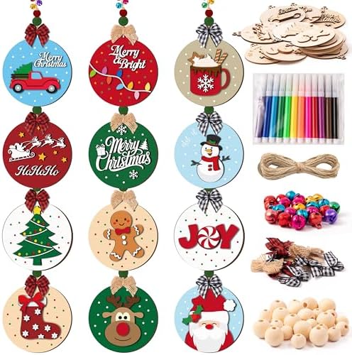 WATINC DIY 3D Christmas Ornaments Kit to Paint - 12 Styles Unfinished Wooden Hanging Decor with Raised Designs, Includes Paint Pens, Bells, Bows & Beads, Xmas Tree Art Crafts Supplies (Christmas) by WATINC