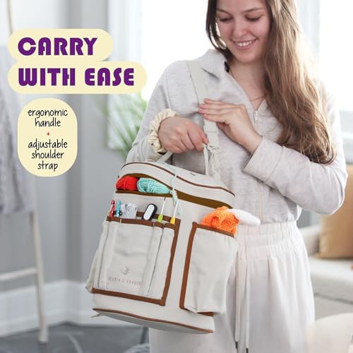Hearth & Harbor Crochet Bag Organizer – Durable Knitting Bag, Yarn Organizer for Accessories and Supplies, Canvas Yarn Holder, Crochet Carrying Case with Accessories Pouch, Storage Organizer–Warm Gray - Image 5