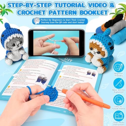 Fortuning's JDS Crochet Kit for Beginners, 2 PCS Shark Cat Crochet Kits - Image 2