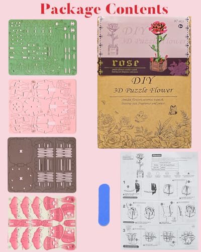 aeloer 3D Wooden Flower Puzzles for Adults - Pink Rose, DIY Model Kit Building Set, Creative Craft for Adults, Unique Botanical Home Office Decor & Relaxing Gift Idea - Image 7