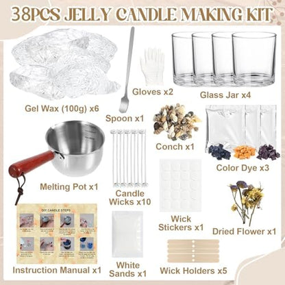 Jcoos Jelly Candle Making Kit, DIY Jelly Wax Melts, Candle Making Kit for Adults, 1.5 lb Gel Wax for Candle Making, Candle Wick, Dried Flowers, Conch, Sand, Dye, Crafting Valentine's Day Gift - Image 2