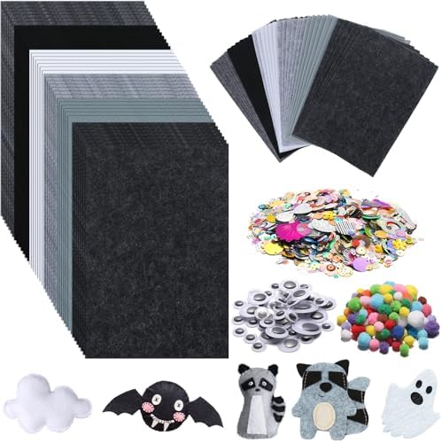 42Pcs Black Gray Fabric Sheets 8 x 12 Inch Assorted Soft Black Gray White Thick Felt Pack with Wiggle Google Eyes Pom Poms Glitter Patchwork Craft Supply for DlY Sewing Creative Art Project Decor by gisgfim