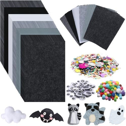 42Pcs Black Gray Fabric Sheets 8 x 12 Inch Assorted Soft Black Gray White Thick Felt Pack with Wiggle Google Eyes Pom Poms Glitter Patchwork Craft Supply for DlY Sewing Creative Art Project Decor by gisgfim
