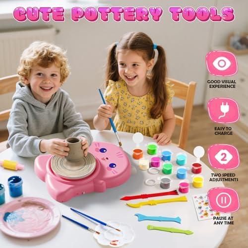 Skirfy Mini Pottery Wheel Kit for Beginners Kids,Electric Ceramic Wheel with Foot Pedal&Painting Kit, Adjustable Speed,Clay Spinner DIY Tools for Art Craft Birthday (CAT) - Image 6