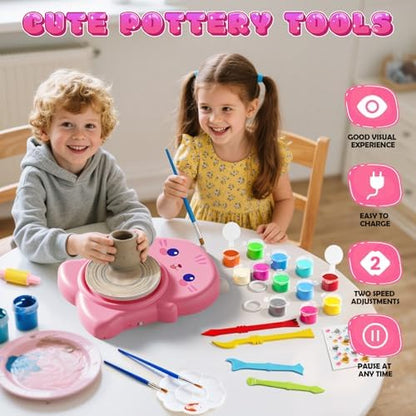 Skirfy Mini Pottery Wheel Kit for Beginners Kids,Electric Ceramic Wheel with Foot Pedal&Painting Kit, Adjustable Speed,Clay Spinner DIY Tools for Art Craft Birthday (CAT) - Image 6