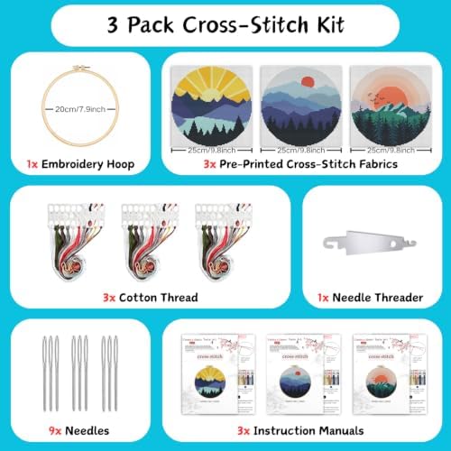 3 Pack Landscape Stamped Cross Stitch Kits for Beginners,with Hoop 8x8in - Image 3