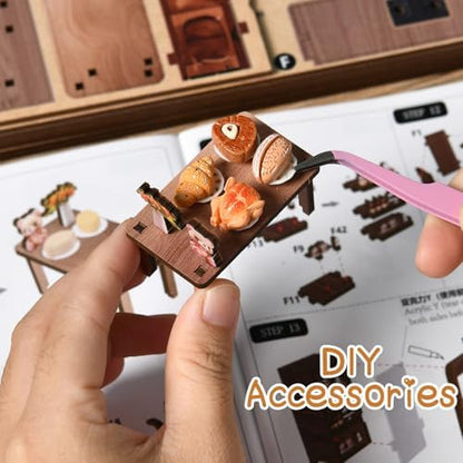 Book Nook Kit, DIY Miniature House Kit for Adult and Teens, 3D Wooden Puzzle Booknook Bookshelf Decor with LED Lights, Gift for Family, Friends, Age 14+ (Bear Restaurant) - Image 5