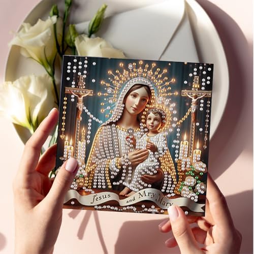 jinglinhh 6pcs Holy Mother Jesus Flowers Diamond Art Painting Greeting Cards with Envelopes, DIY Card Making Kits for Adults, Diamond Art Postcards Holiday Cards Craft Gifts - Image 5