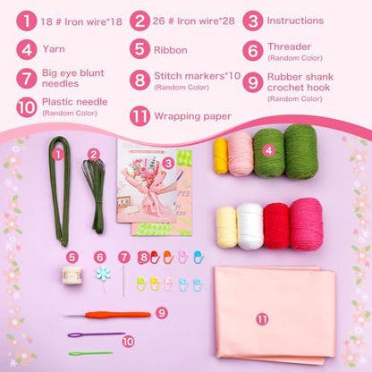 Iuuidu Crochet Kit for Beginners, Rose-Pink Flower Bouquet Crochet Kit - Image 2