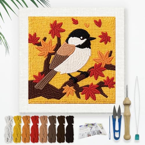 DOODLREAM Chickadee in Autumn Needle Kit for Beginner, 9.4"x 9.4" Fall Bird Punch Stitching Craft Set, DIY Embroidery Starter with Printed Frame, Instruction, Threader, Yarn, Pinch Needle by Doodlream