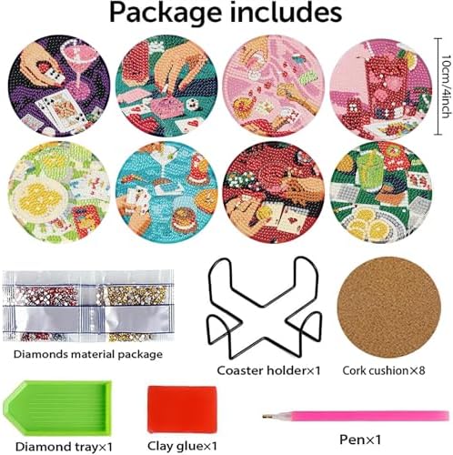8 Pcs Diamond Art Coasters Kit for Adults Beginners, Poker Diamond Painting Coasters with Holder, 5D Cocktail Gem Art DIY Crafts Diamond Dots for Gift - Image 2