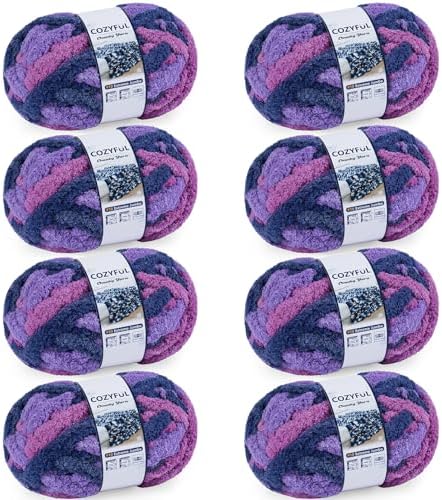 Cozyful Chunky Yarn for Hand Knitting - #10 Chunky Chenille Blanket Yarn, Jumbo Big Thick Chunky Yarns for Crocheting, Tie Dye Bulky Knit Yarns, 8 Skein (20 yds 8 oz Each Skein), Multi Purple by Cozyful