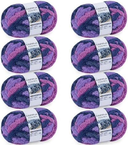 Cozyful Chunky Yarn for Hand Knitting - #10 Chunky Chenille Blanket Yarn, Jumbo Big Thick Chunky Yarns for Crocheting, Tie Dye Bulky Knit Yarns, 8 Skein (20 yds 8 oz Each Skein), Multi Purple by Cozyful