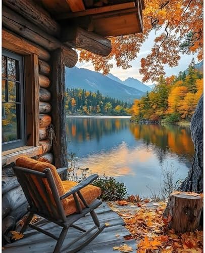 Paint by Numbers Kit for Adults, Fall Lake Cabin Number Painting Canvas Kit by CamocinDIYKit