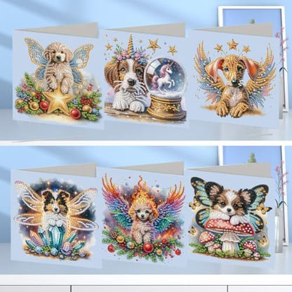C'eitura Dog Diamond Art Painting Greeting Cards 6Pcs,5D DIY Rhinestone Greeting Card Kit with Fairy Puppy Angel Wings Unicorn Mushroom and Christmas Designs, Handmade Cards for Birthday Holiday Gifts - Image 2