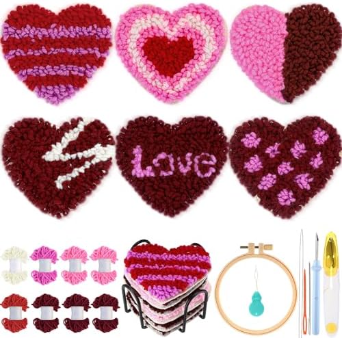 Yaomiao 6 Pcs Valentine's Day Punch Needle Coaster Kit Embroidery Kits Punch Needle Set Craft Supplies with Patterns Yarns Tools Adhesive Felt Embroidery Hoop Instruction Holder for DIY by Yaomiao