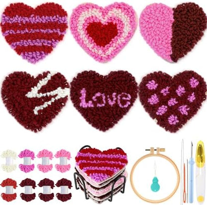 Yaomiao 6 Pcs Valentine's Day Punch Needle Coaster Kit Embroidery Kits Punch Needle Set Craft Supplies with Patterns Yarns Tools Adhesive Felt Embroidery Hoop Instruction Holder for DIY by Yaomiao