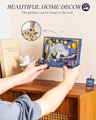 Rowood Starry Night 3D Puzzles for Adults,Mother's Day DIY Wooden Vincent Van Gogh Painting Artwork Craft Kit Building Set with LED,Home Decor Botanical Collection Gift for Family on Christmas - Image 4