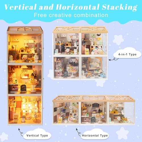 Cat Cafe Miniature House Kit with LED Light, DIY Mini Dollhouse with Roof & Dust Covers for Mini Figures Tiny House Toy for Adults Kids Girls - Image 6