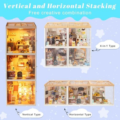 Cat Cafe Miniature House Kit with LED Light, DIY Mini Dollhouse with Roof & Dust Covers for Mini Figures Tiny House Toy for Adults Kids Girls - Image 6