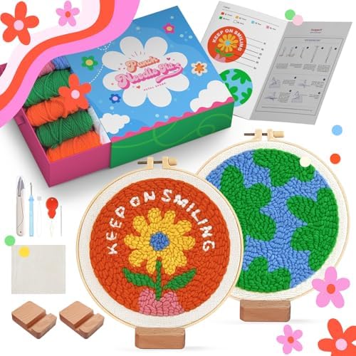 yuegool 2PCS Punch Needle Decoration Kit,Easy DIY Punch Needle Embroidery Kit for Beginners Adults Kids Including Patterns, Tools, Yarns, Hoop, Instruction, Bracket Art Craft Supplies by Unknown
