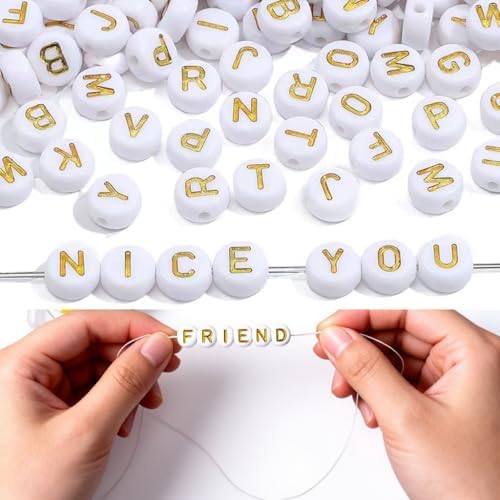 Acrylic Letter Beads Kit for Jewelry Making, 4x7mm Gold Alphabet Beads (1.5mm Hole) with Clay Heishi & Glass Seed Beads, Includes Metal Rings for Wine Glass Charms (White&Gold) - Image 5