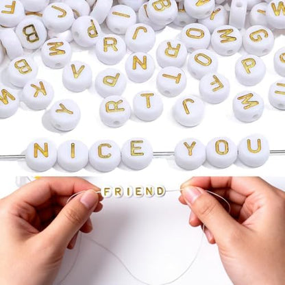 Acrylic Letter Beads Kit for Jewelry Making, 4x7mm Gold Alphabet Beads (1.5mm Hole) with Clay Heishi & Glass Seed Beads, Includes Metal Rings for Wine Glass Charms (White&Gold) - Image 5