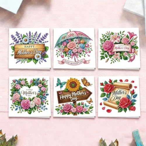6Pcs Mother's Day Greeting Card DIY Diamond Art Painting Greeting Cards Special Shaped Diamond Blessing Folding Card Kit Arts Crafts for Holiday Festival-Flowers01 - Image 5