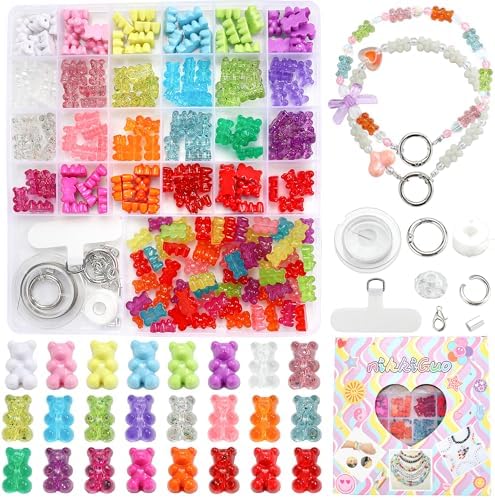 nikkiGuo 200 PCS Acrylic Bear Beads Jewelry Making Kit – 24 Colors in 4 Styles: Candy Color, Transparent, Opaque & Glow in The Dark Beads with Wire, Clasps for DIY Bracelets, Necklaces, Keychains by NikkiGuojewelry