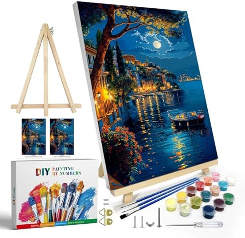 JOOZ Paint by Numbers Kit for Adults with Frame, Moon Paint by Number with Easel, DIY Town Lake Boat Paint by Numbers Landscape for Home Wall Decor 8 x 12 Inch by Jooz
