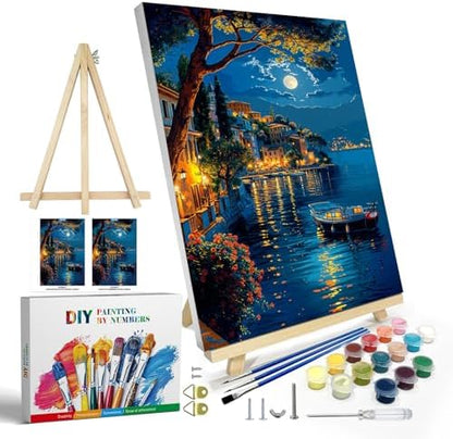 JOOZ Paint by Numbers Kit for Adults with Frame, Moon Paint by Number with Easel, DIY Town Lake Boat Paint by Numbers Landscape for Home Wall Decor 8 x 12 Inch by Jooz