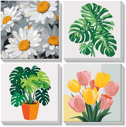 Lxmsja 4 Pack Bold Botanicals Paint by Numbers Kit for Adults, Easy Framed Paint by Numbers for Adults Beginner, DIY Acrylic Oil Painting Craft Kits for Home Wall Decor 8x8 inch by Lxmsja