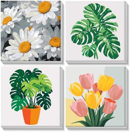 Lxmsja 4 Pack Bold Botanicals Paint by Numbers Kit for Adults, Easy Framed Paint by Numbers for Adults Beginner, DIY Acrylic Oil Painting Craft Kits for Home Wall Decor 8x8 inch by Lxmsja