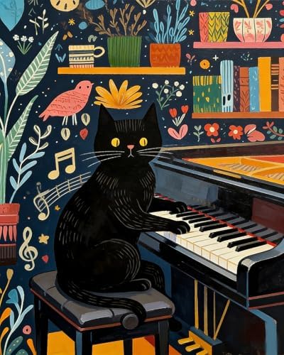 TFIAVSIN Black Cat Playing Piano - Paint by Numbers Kit for Adults Beginners, Paint by Number for Adults with Full Canvas, DIY Arts and Crafts for Adults, Cozy Home Decor, 16x20 Inch by TFIAVSIN