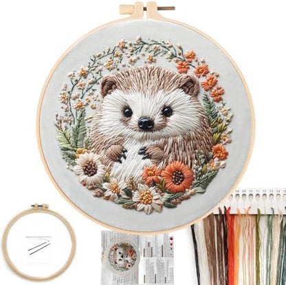 FONNUY Embroidery Kit for Beginners, Cute Hedgehog Stamped Embroidery Patterns Kits for Adults with Hoop, Easy to Follow Sewing Thread Needlework, 8'' Hoop (Tiny Ball) by FONNUY