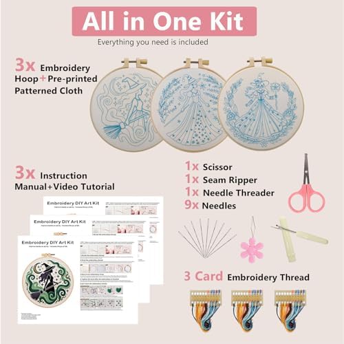 Embroidery Kit for Adults, Pre-Stamped Pattern Embroidery Kit for Beginners, Hand Needlepoint Starter Kit with Hoop Thread Needle Instruction, 7.9'' Hoop (Witch 3 Packs) - Image 3