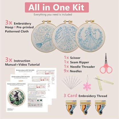Embroidery Kit for Adults, Pre-Stamped Pattern Embroidery Kit for Beginners, Hand Needlepoint Starter Kit with Hoop Thread Needle Instruction, 7.9'' Hoop (Witch 3 Packs) - Image 3