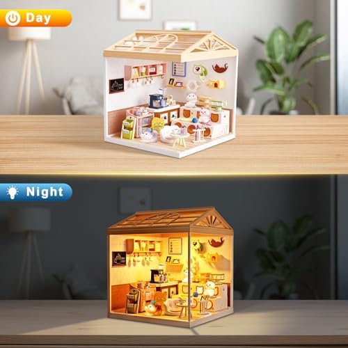 Cat Cafe DIY Miniature House Kit for Adults, 3D Dollhouse with LED Light & Dustproof Door, Stackable Connectable Display Case, Creative Gift for Coffee & Cat Lovers Teens Women - Image 4