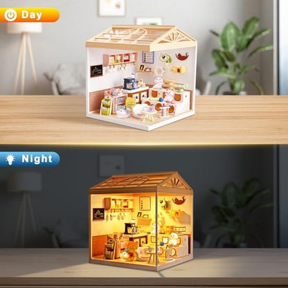 Cat Cafe DIY Miniature House Kit for Adults, 3D Dollhouse with LED Light & Dustproof Door, Stackable Connectable Display Case, Creative Gift for Coffee & Cat Lovers Teens Women - Image 4