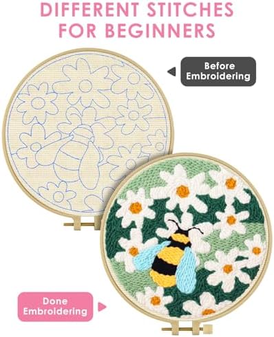 TINDTOP Punch Needle Kits, DIY Punch Embroidery Kits for Adults Beginner, Tool with Punch Needle Fabric, Hoops, Yarns and Sewing Needles (Set D) - Image 3