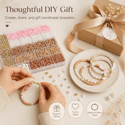 Believo Polymer Clay Beads Kit for DIY Jewelry with Elastic Cord, Colorful Flat Heishi Beads and Spacer Pieces – Ideal for Friendship Bracelet & Necklace Making (Camel Pink White 24) - Image 4