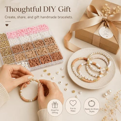 Believo Polymer Clay Beads Kit for DIY Jewelry with Elastic Cord, Colorful Flat Heishi Beads and Spacer Pieces – Ideal for Friendship Bracelet & Necklace Making (Camel Pink White 24) - Image 4