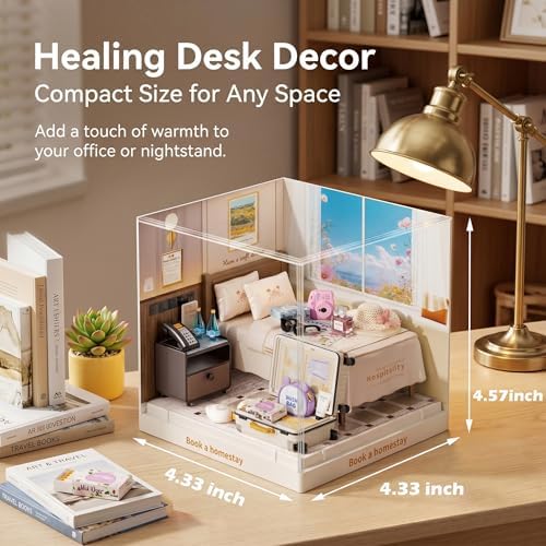 Cozy Hotel Room Miniature House Kit, Plastic DIY Dollhouse with Double Bed & Open Suitcase, Stackable Transparent Dust Cover, Creative Desktop Decor for Adults Teens - Image 5