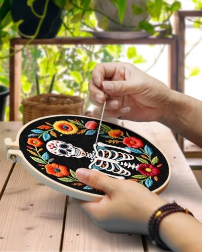 TINDTOP Embroidery Kit for Adult Beginners, Embroidery DIY Starter Kit, with Stamped Patterns, Hoop, Tools, Colorful Threads with Needles, Instructions (Skeleton A) - Image 4