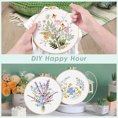 ERKOON Embroidery Kit for Beginners, 5 Sets Flower Cross Stitch Set for Adults Include Embroidery Cloth Hoops Threads for Craft Lover Hand Stitch with Skill Techniques (Flower) - Image 3